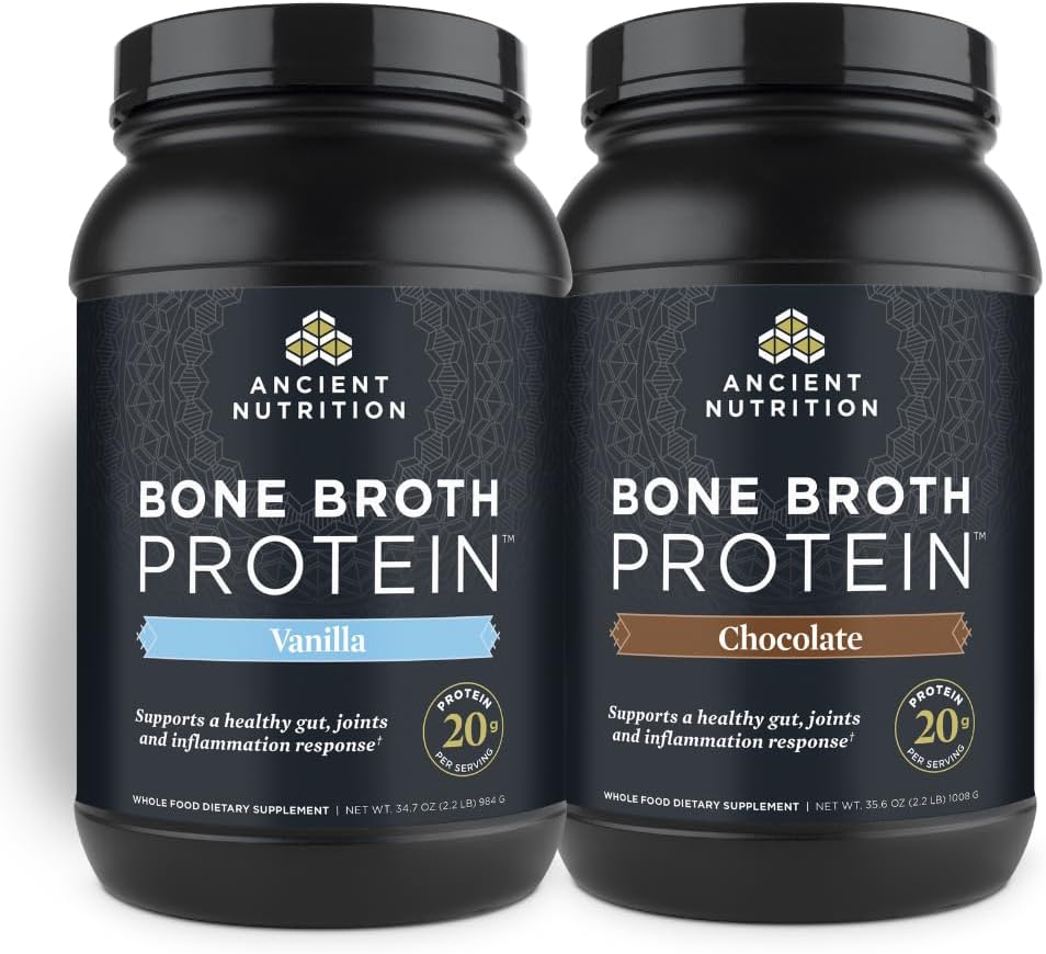 40 Servings of Ancient Nutrition Bone Broth Protein Powder in Chocolate and Vanilla Flavors