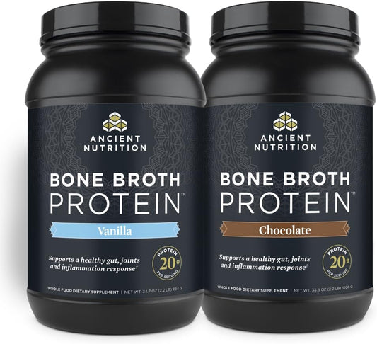 40 Servings of Ancient Nutrition Bone Broth Protein Powder in Chocolate and Vanilla Flavors