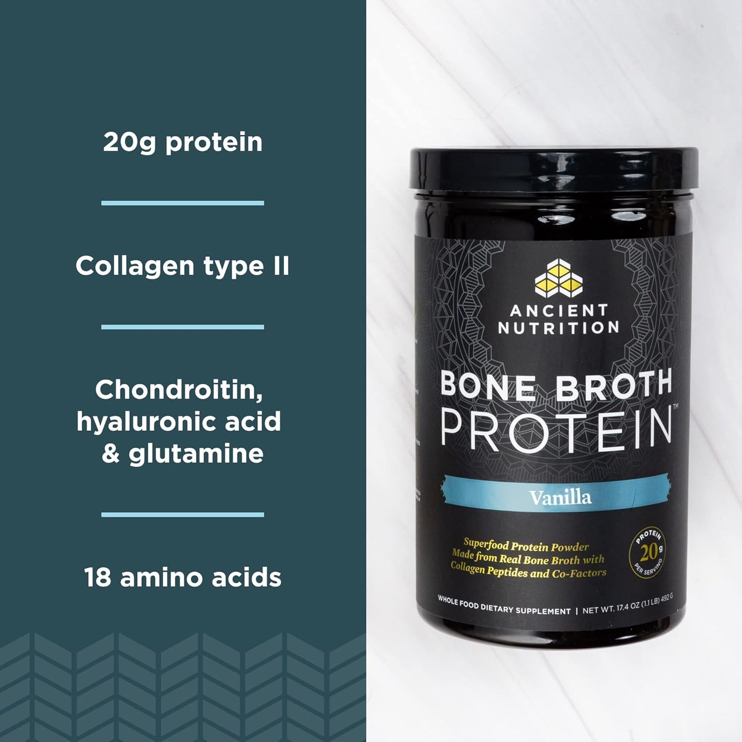 40 Servings of Ancient Nutrition Bone Broth Protein Powder in Chocolate and Vanilla Flavors