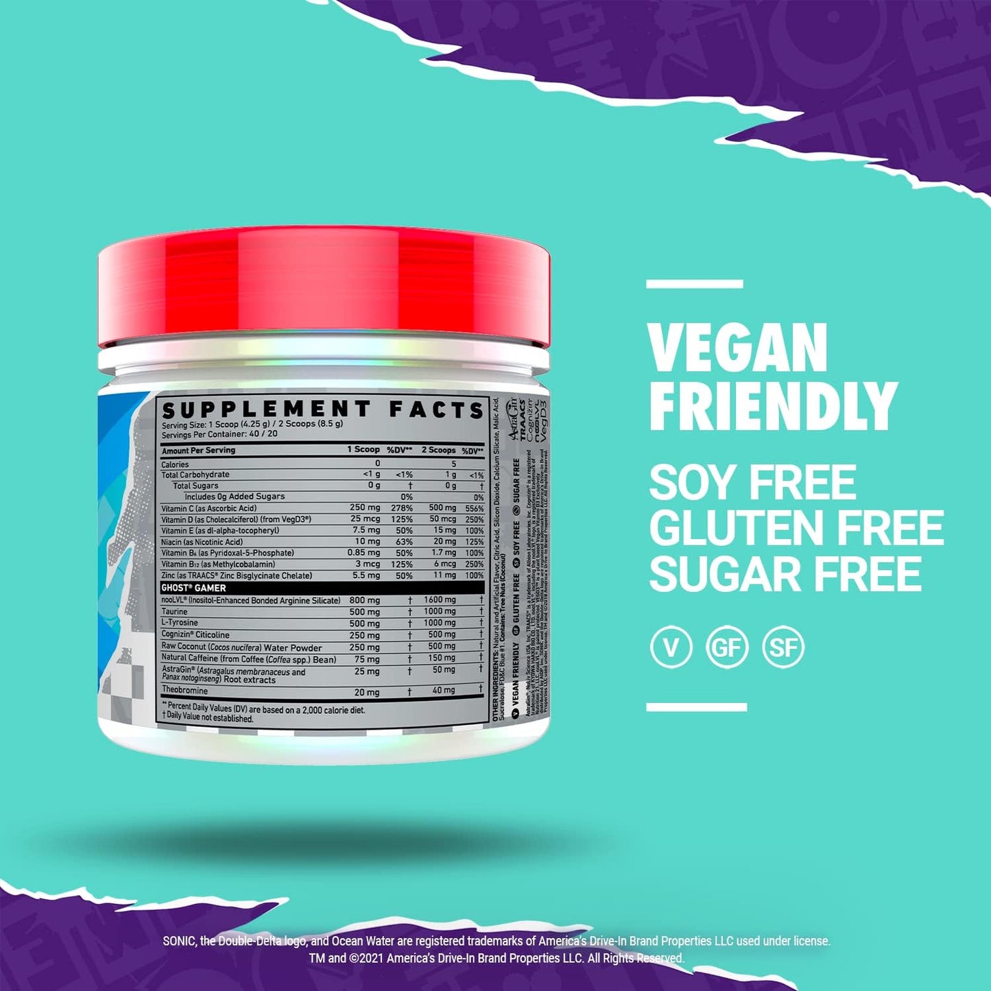 40 Servings of Sonic Ocean Water Energy & Focus Formula for Gamers - Vegan & Gluten-Free with Nootropics & Natural Caffeine