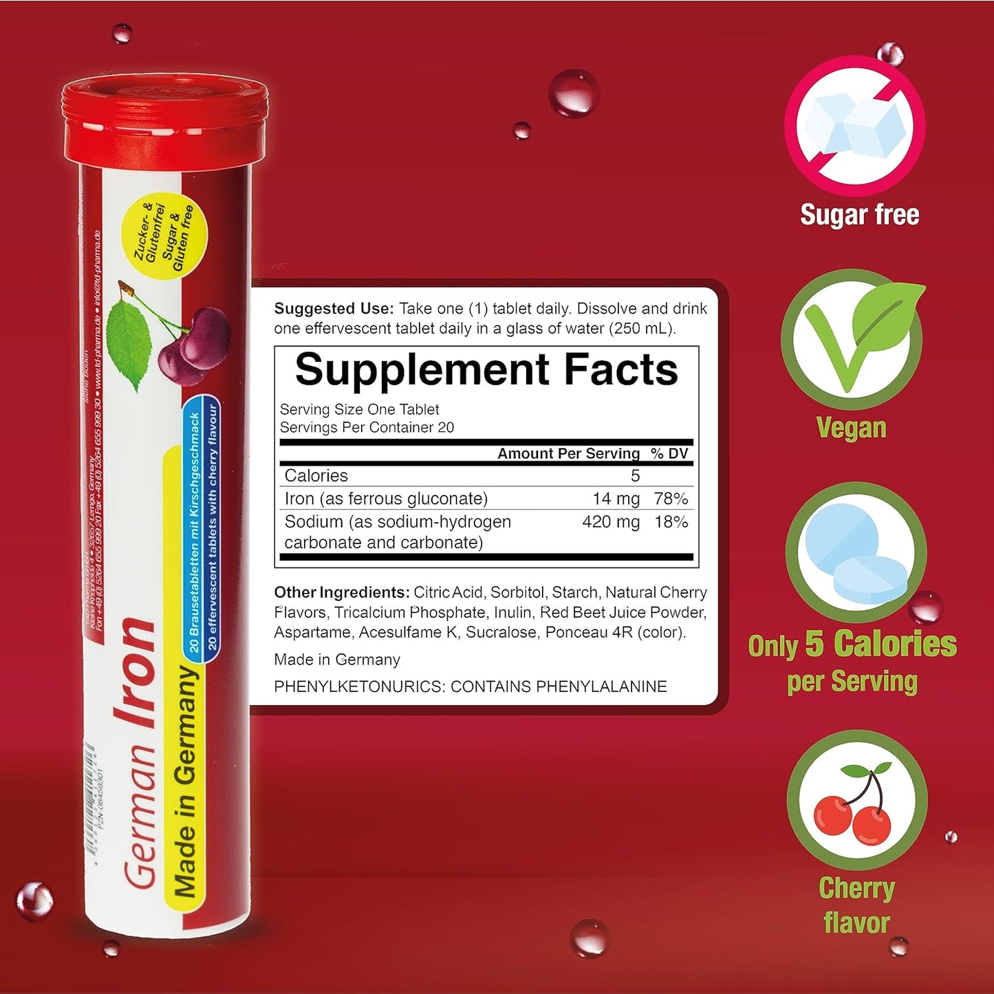 40 Vegan Cherry Flavored Iron Tablets - 14 mg - T&D German Made - Effervescent