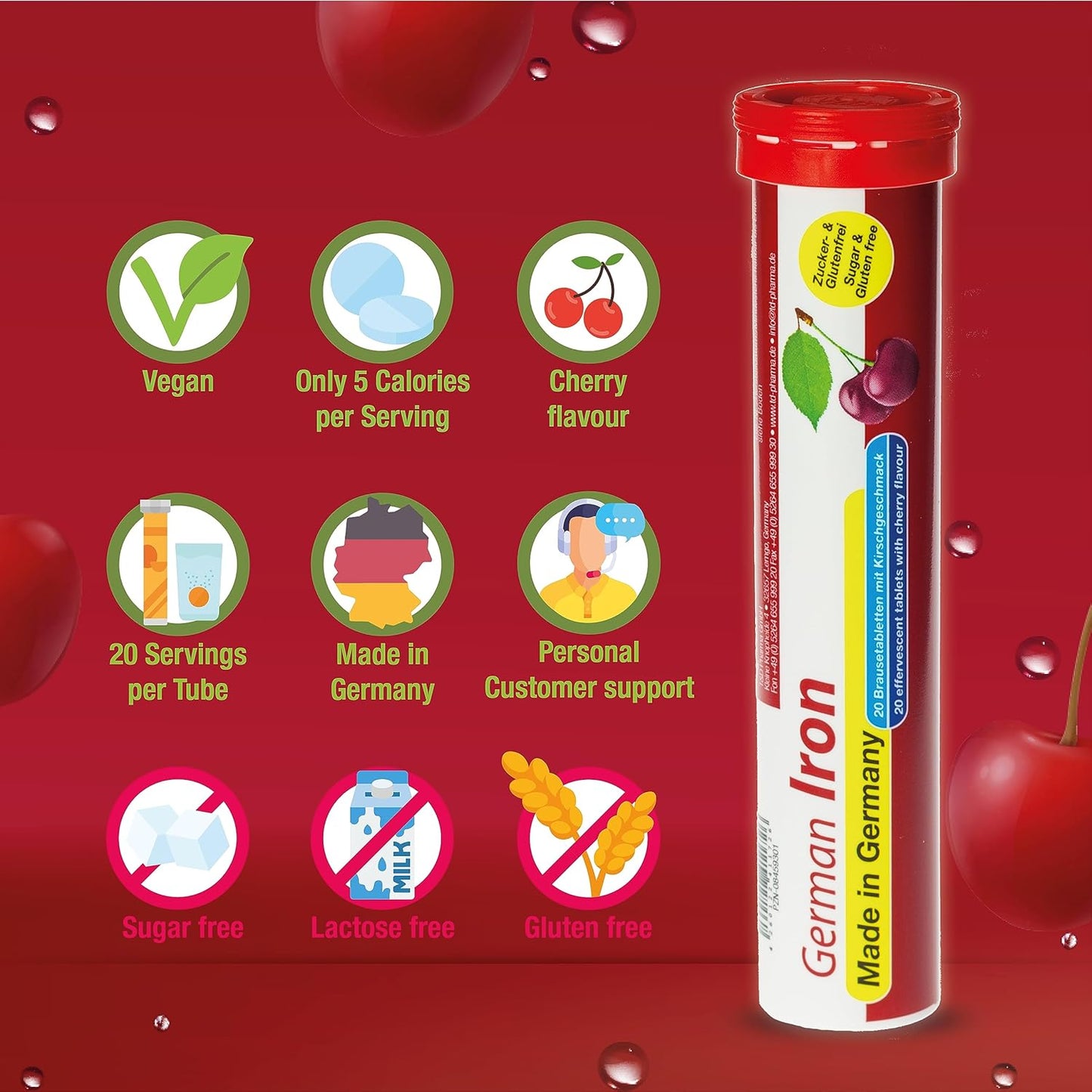 40 Vegan Cherry Flavored Iron Tablets - 14 mg - T&D German Made - Effervescent