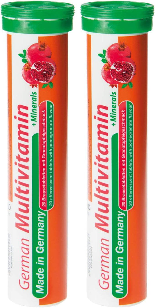 40 Vegan Effervescent Multivitamin + Mineral Tablets with 10 Vitamins & 2 Minerals - Pomegranate Flavor from Germany