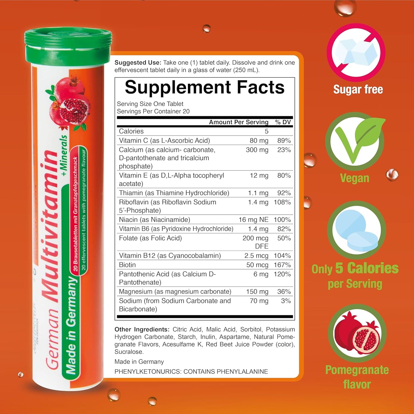40 Vegan Effervescent Multivitamin + Mineral Tablets with 10 Vitamins & 2 Minerals - Pomegranate Flavor from Germany