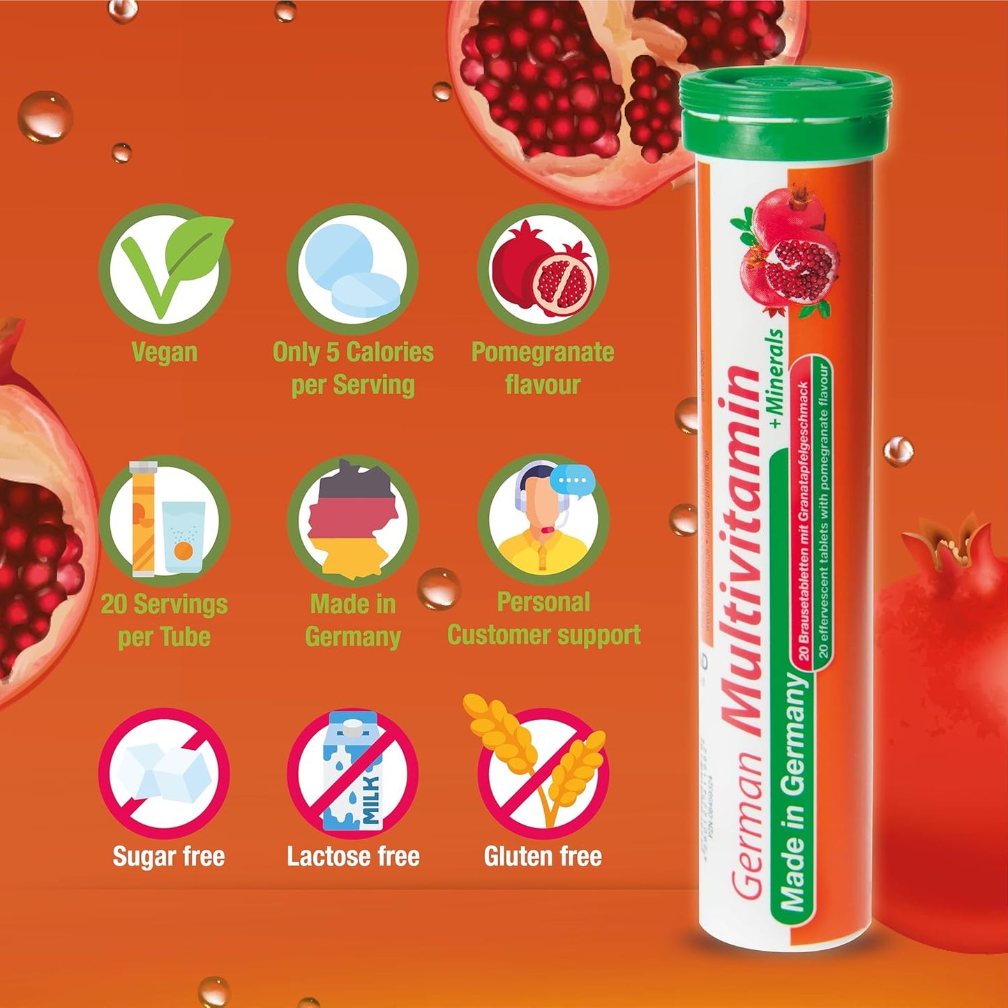 40 Vegan Effervescent Multivitamin + Mineral Tablets with 10 Vitamins & 2 Minerals - Pomegranate Flavor from Germany
