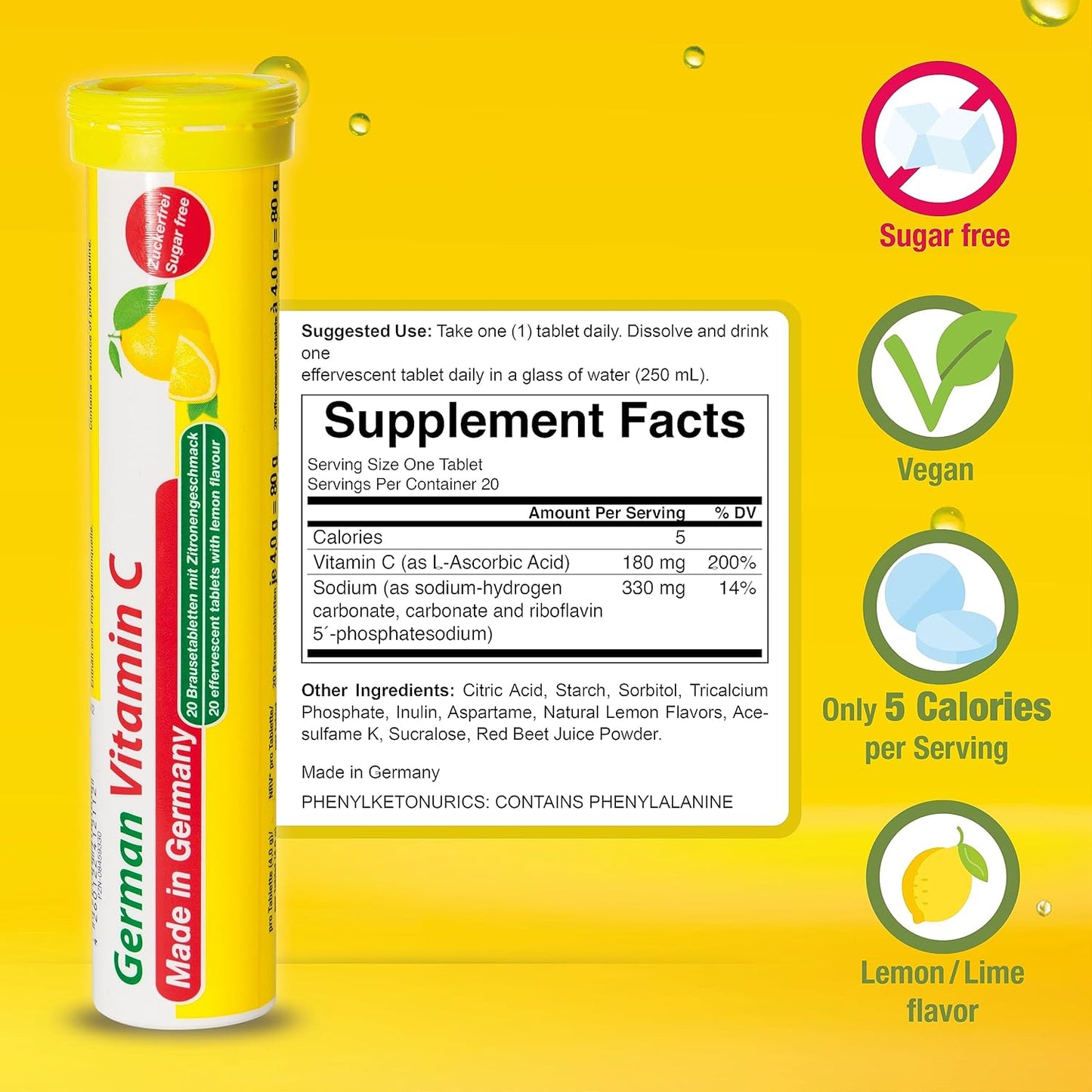 40 Vegan Lemon Lime Effervescent Vitamin C Tablets - 180mg - Made in Germany by T&D