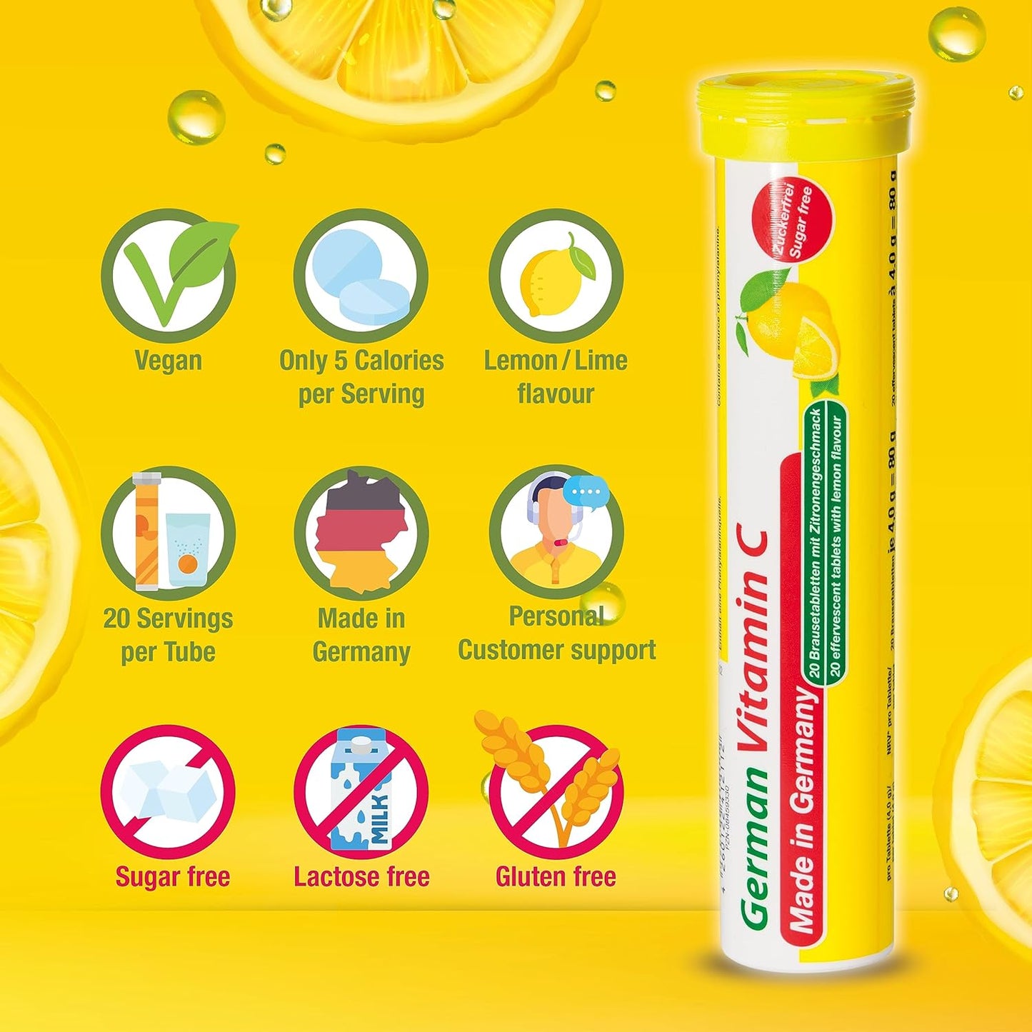 40 Vegan Lemon Lime Effervescent Vitamin C Tablets - 180mg - Made in Germany by T&D