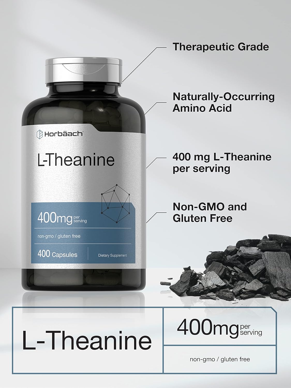 400 Capsules of Horbäach L-Theanine 400mg - High Potency, Non-GMO, Gluten Free