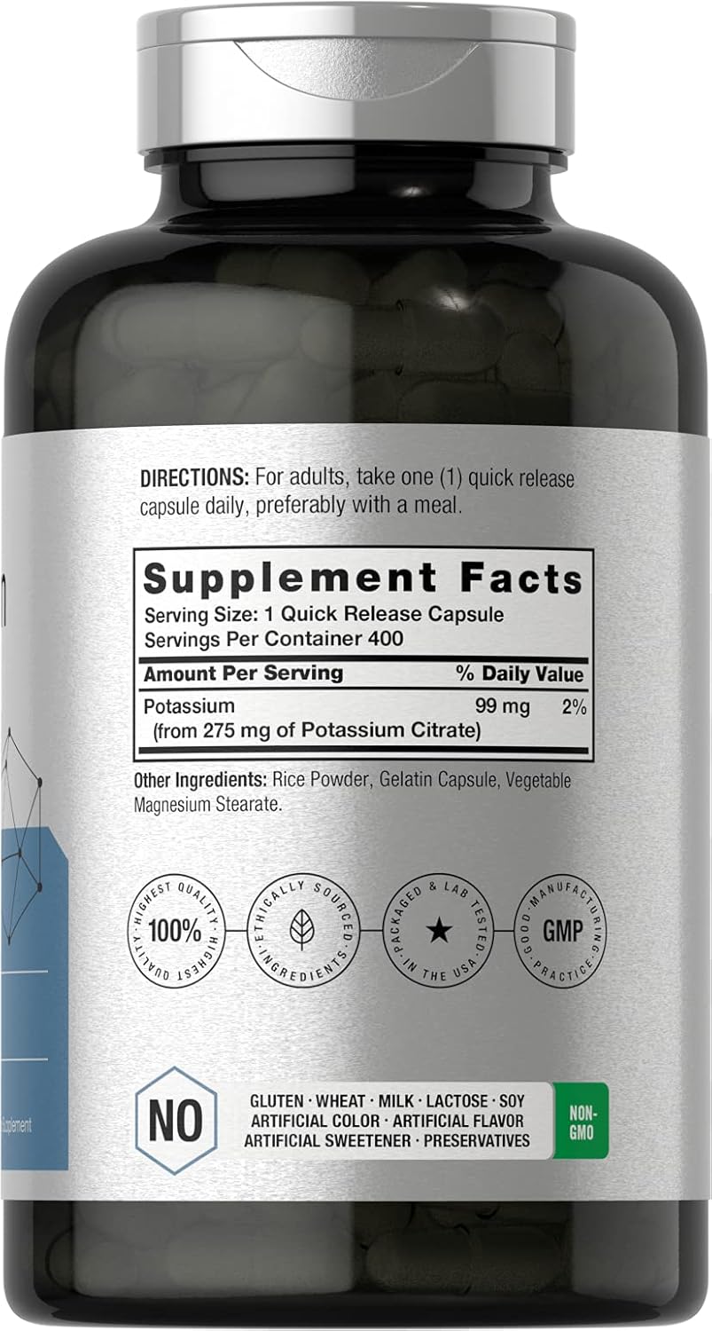 400 Capsules of Non-GMO Potassium Citrate Supplement 275 mg - Gluten Free Formula by Horbäach