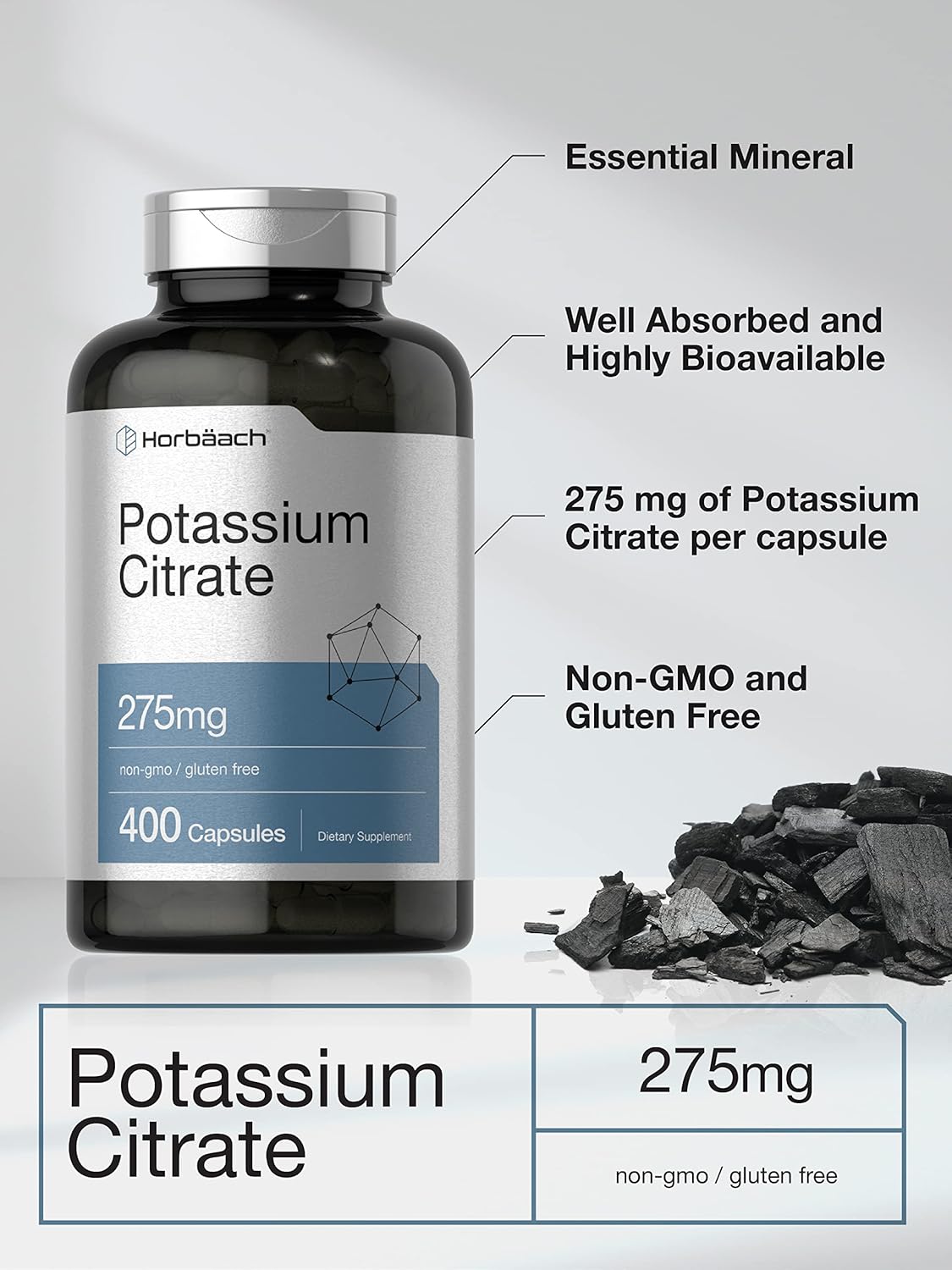 400 Capsules of Non-GMO Potassium Citrate Supplement 275 mg - Gluten Free Formula by Horbäach