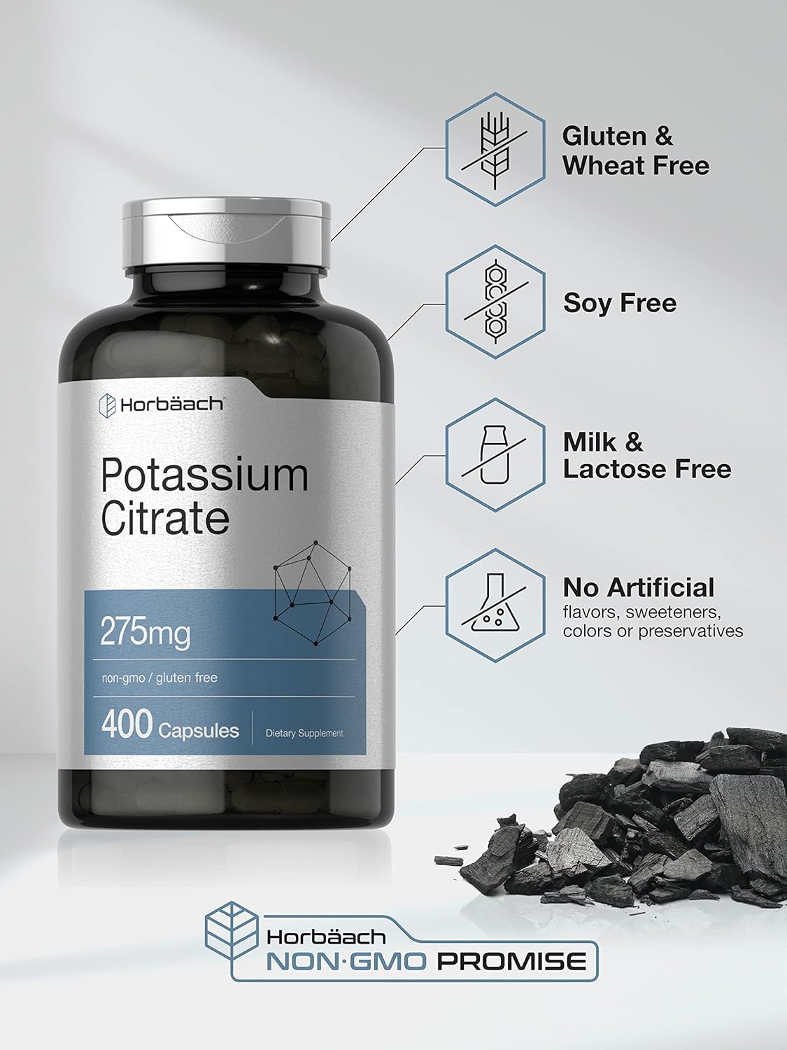 400 Capsules of Non-GMO Potassium Citrate Supplement 275 mg - Gluten Free Formula by Horbäach