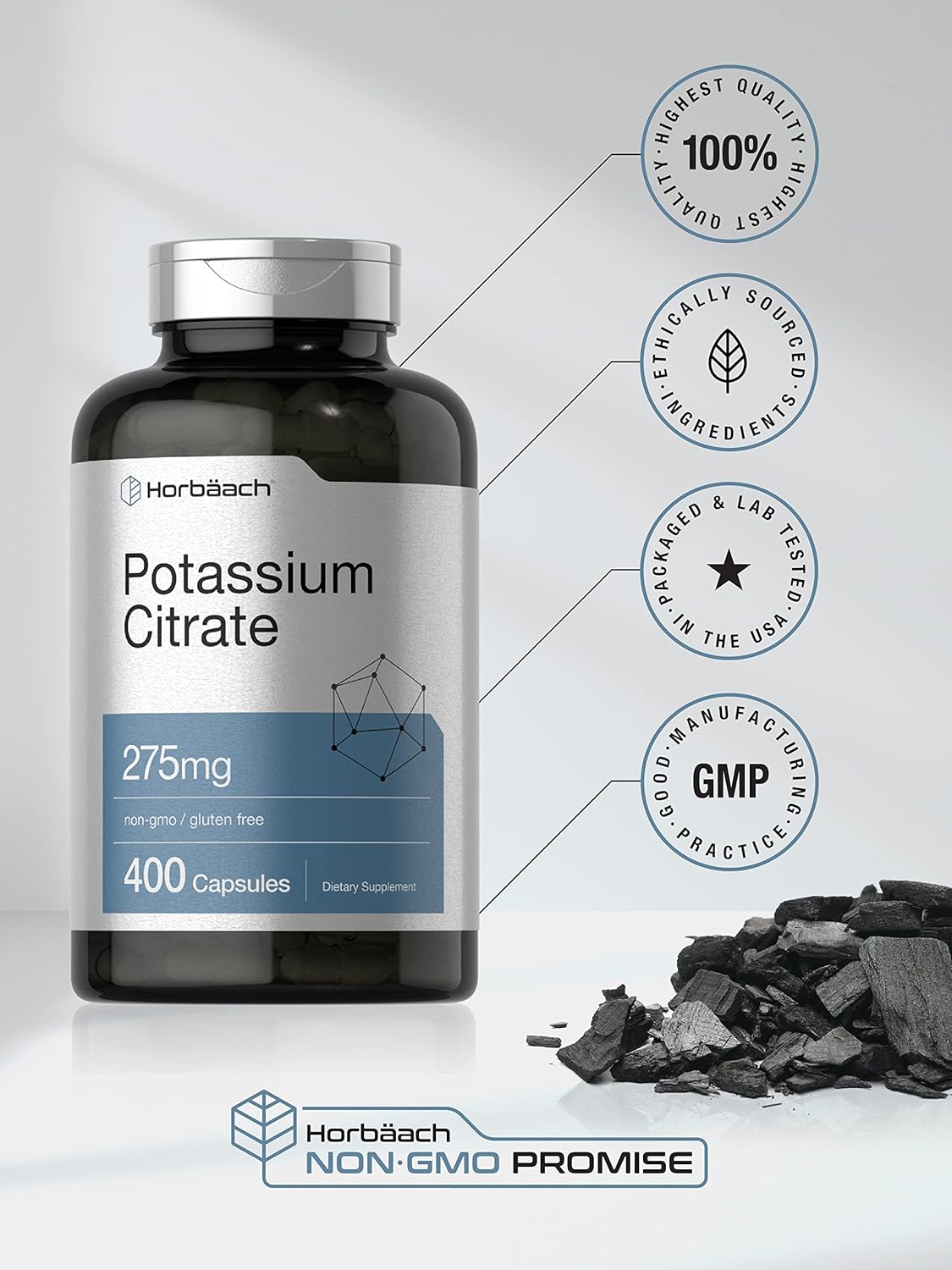 400 Capsules of Non-GMO Potassium Citrate Supplement 275 mg - Gluten Free Formula by Horbäach