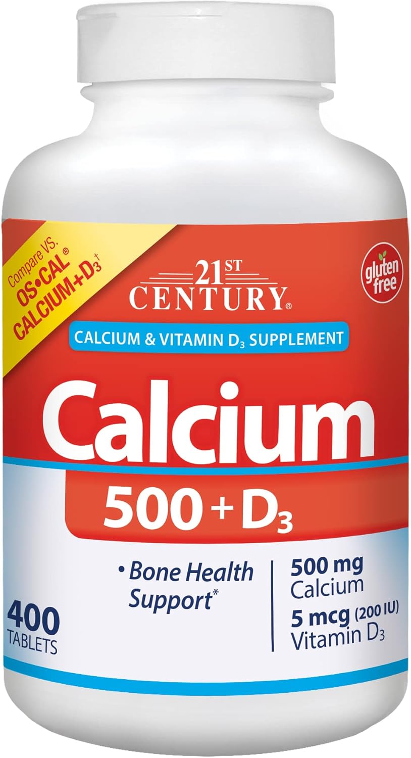 400 Count 21st Century Calcium 500 mg Plus Vitamin D3 Tablets for Bone Health