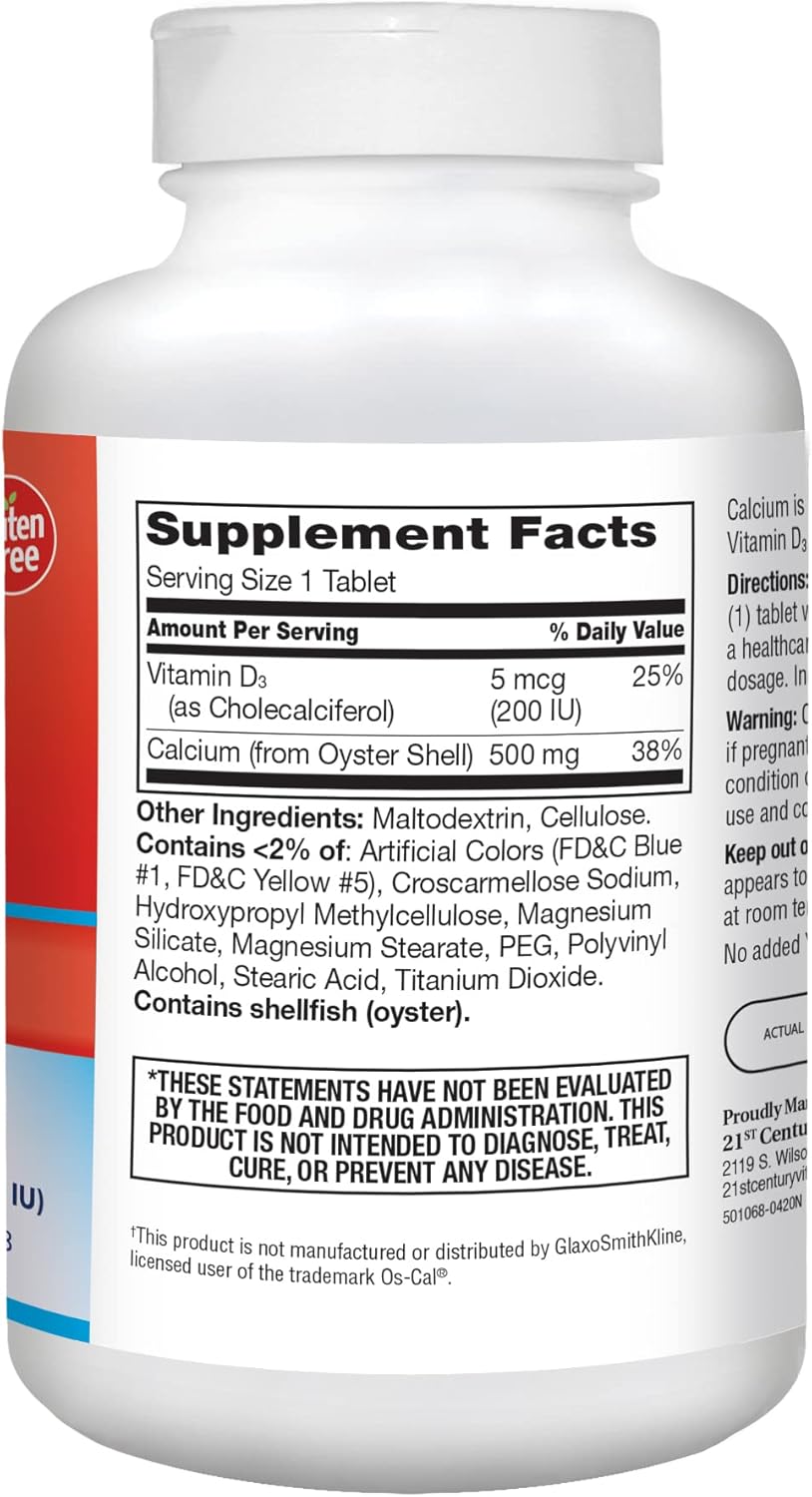 400 Count 21st Century Calcium 500 mg Plus Vitamin D3 Tablets for Bone Health