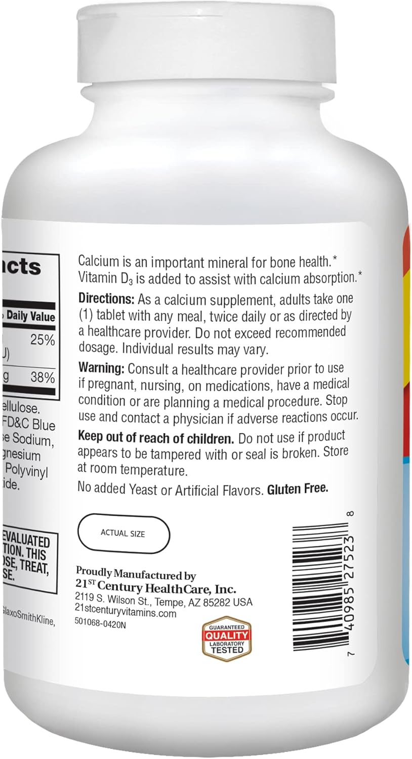 400 Count 21st Century Calcium 500 mg Plus Vitamin D3 Tablets for Bone Health