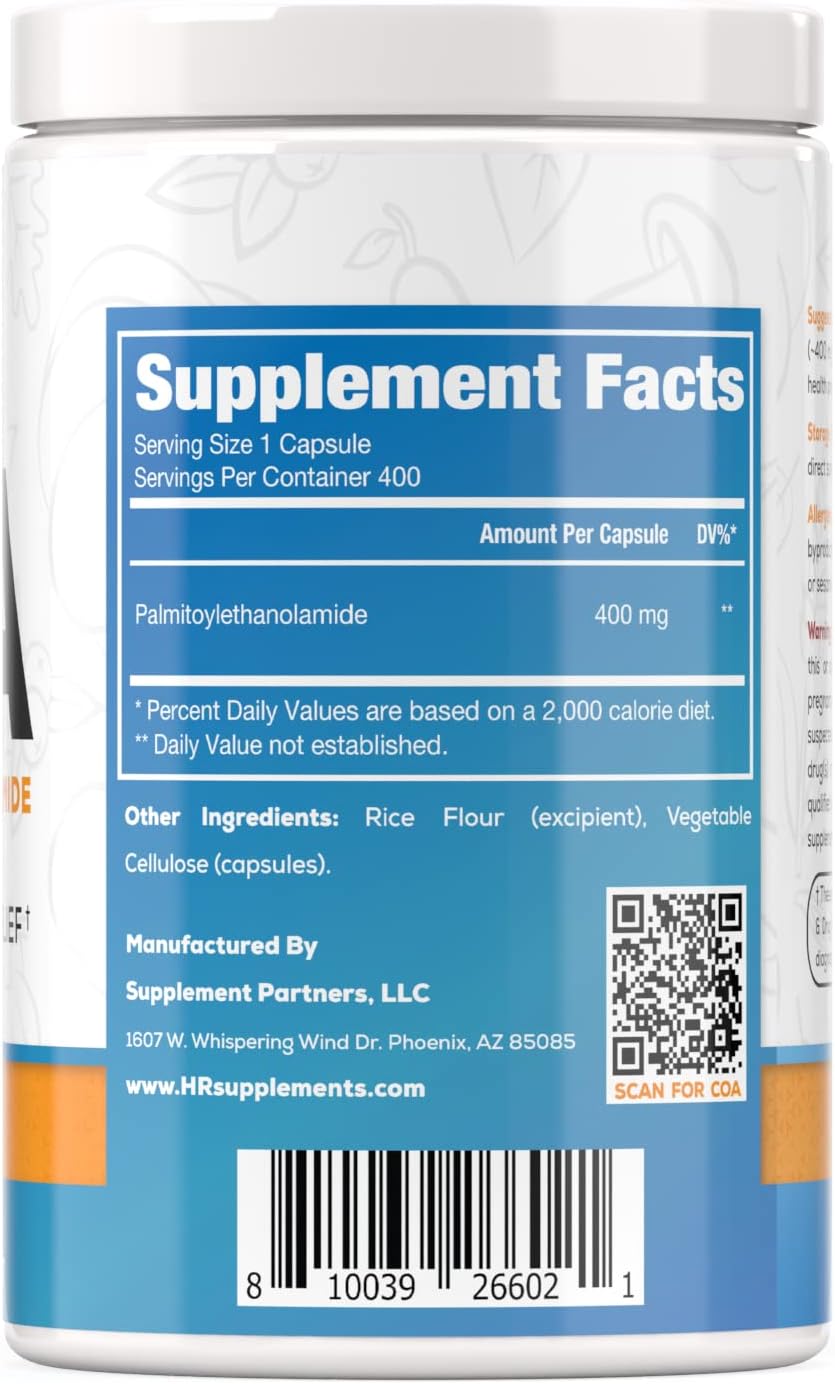 400 Count Harvest Naturals Palmitoylethanolamide Capsules 400mg - Supports Natural Relief from Inflammation and Discomfort