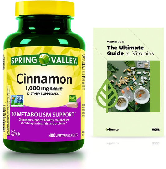 400 Count Spring Valley Cinnamon Dietary Support Capsules with VitaMax Vitamin Guide, 1,000 mg - Vegetarian Formula - 2 Items