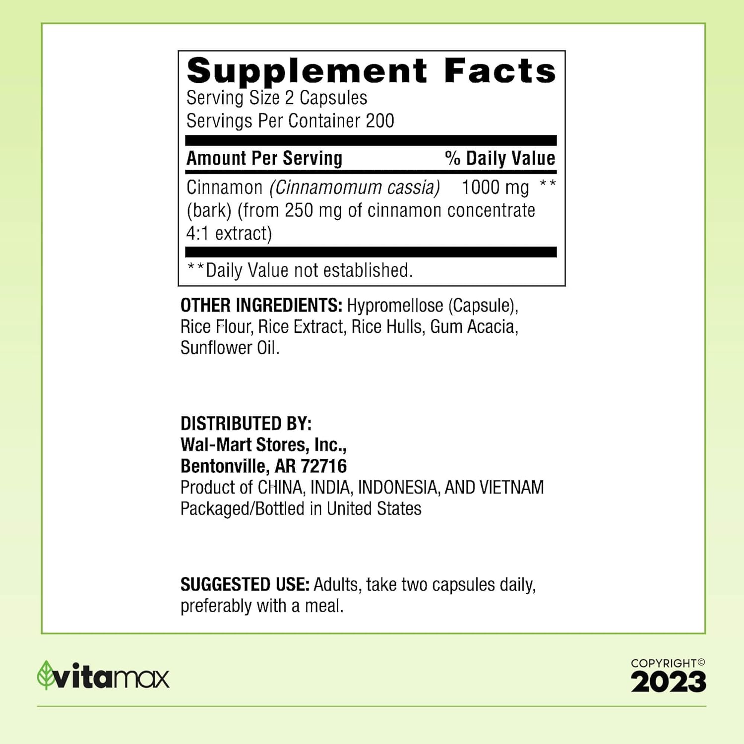 400 Count Spring Valley Cinnamon Dietary Support Capsules with VitaMax Vitamin Guide, 1,000 mg - Vegetarian Formula - 2 Items