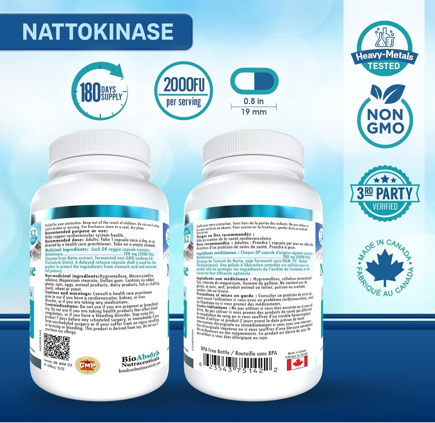 400-Day Supply of Bio Absorb Nattokinase Supplement - 100 mg, 2000 FUs - Non-GMO Natto Extract Enzyme - 400 Veggie Capsules