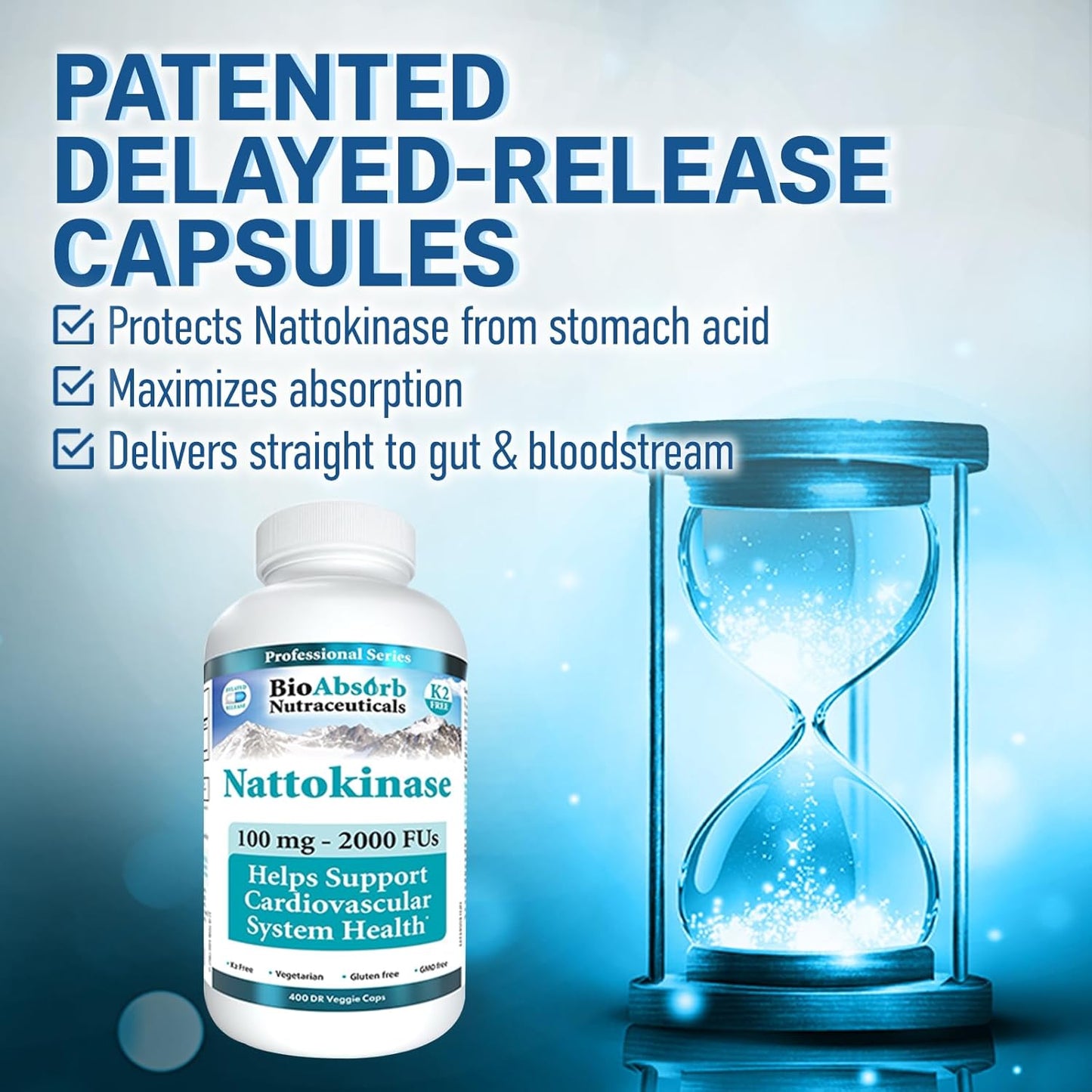 400-Day Supply of Bio Absorb Nattokinase Supplement - 100 mg, 2000 FUs - Non-GMO Natto Extract Enzyme - 400 Veggie Capsules