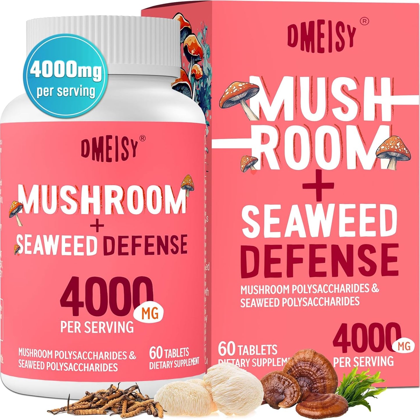 4000mg Dmeisy Sublingual Mushroom Complex Supplement - 18-in-1 Lions Mane, Reishi, Turkey Tail & More for Memory, Focus, Energy, Mood, Immunity - 60 Tablets