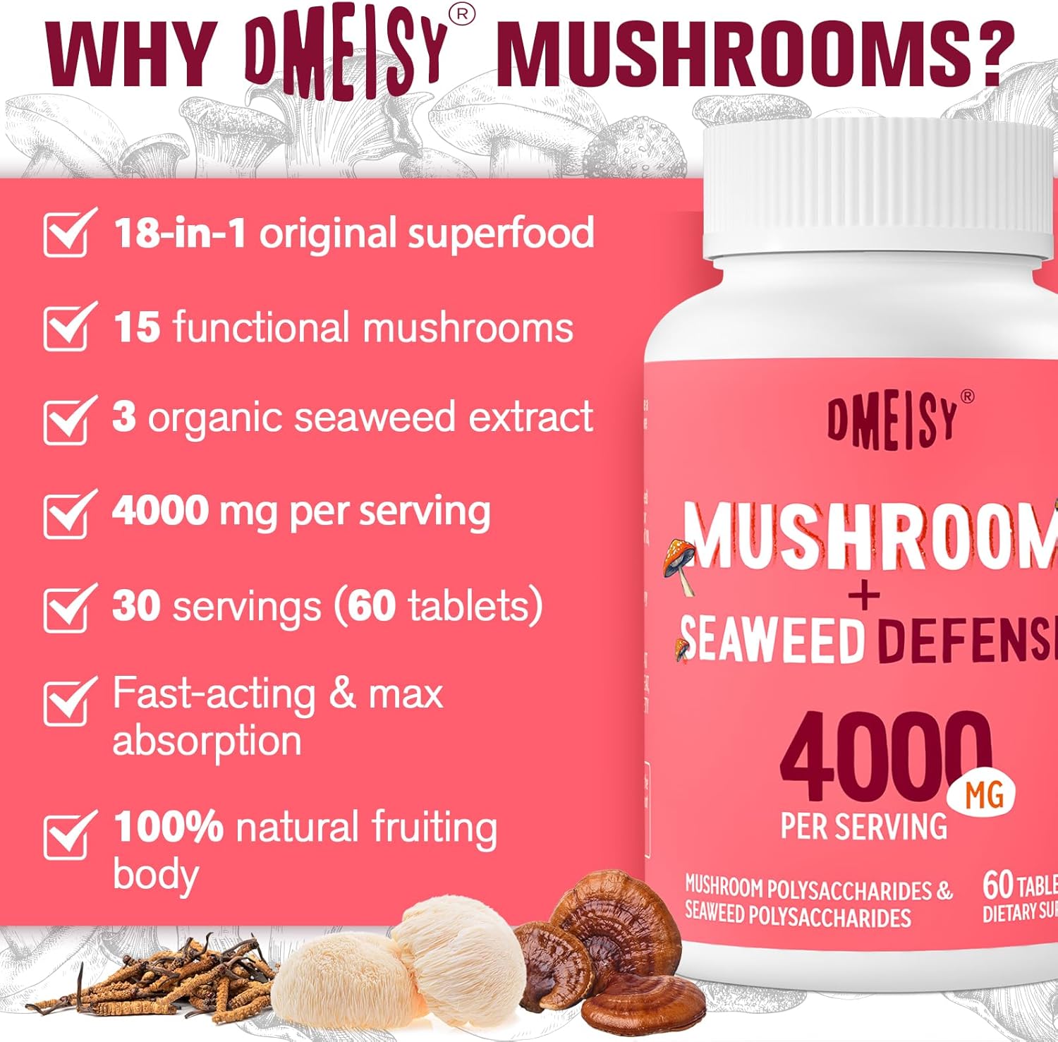 4000mg Dmeisy Sublingual Mushroom Complex Supplement - 18-in-1 Lions Mane, Reishi, Turkey Tail & More for Memory, Focus, Energy, Mood, Immunity - 60 Tablets