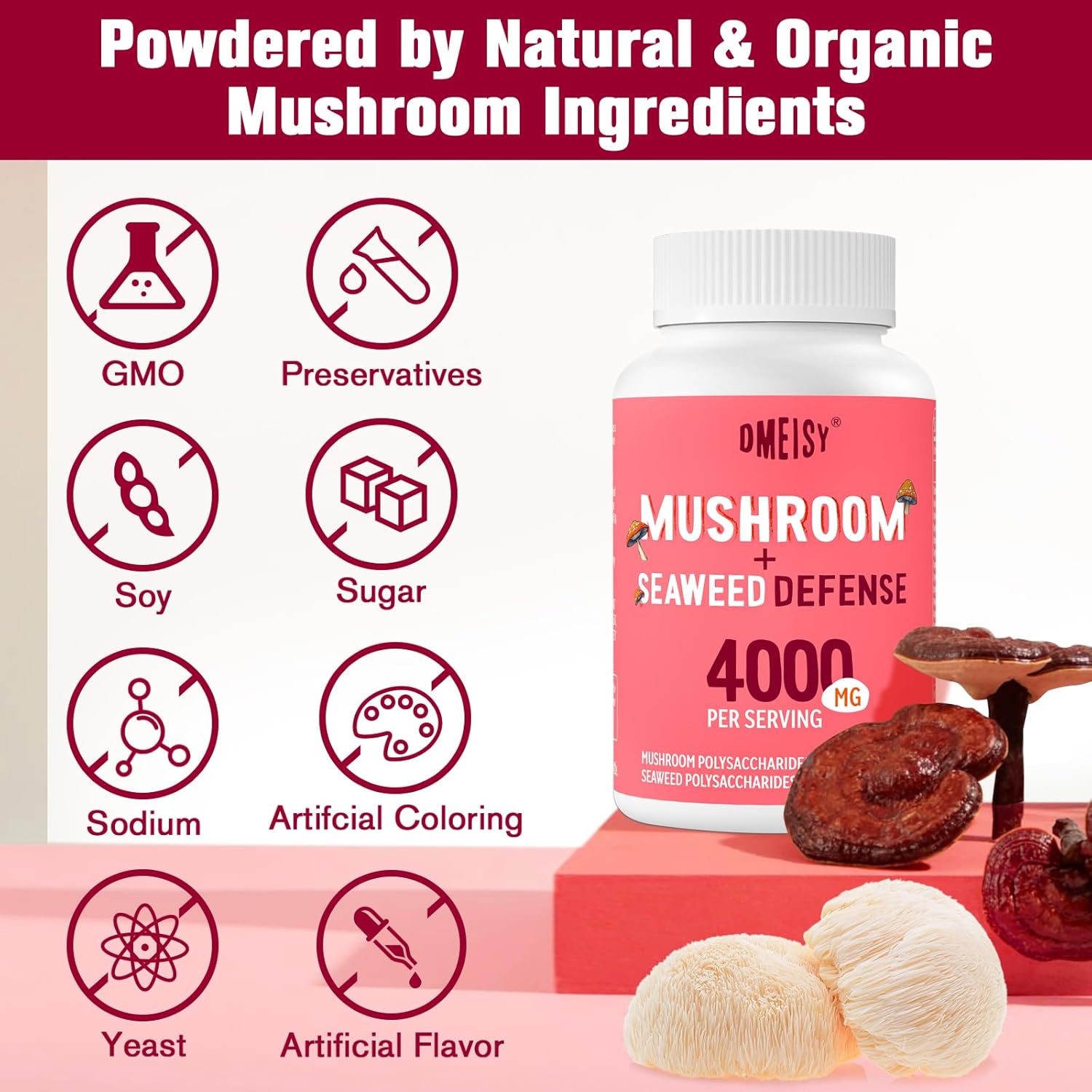 4000mg Dmeisy Sublingual Mushroom Complex Supplement - 18-in-1 Lions Mane, Reishi, Turkey Tail & More for Memory, Focus, Energy, Mood, Immunity - 60 Tablets