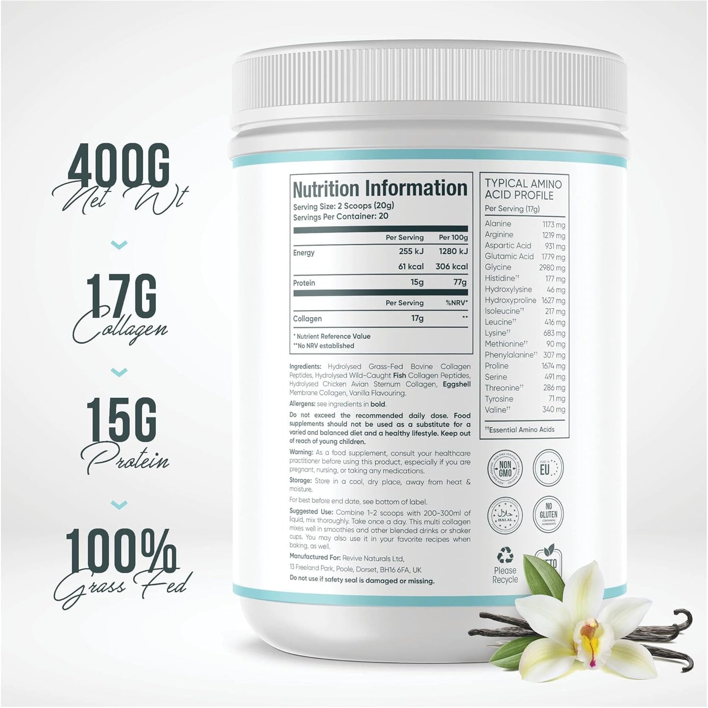 400g Unsweetened Vanilla Multi Collagen Protein Powder with 5 Types of Collagen Peptides - Grass Fed Bovine, Wild Caught Marine & Free-Range Chicken - Keto Friendly