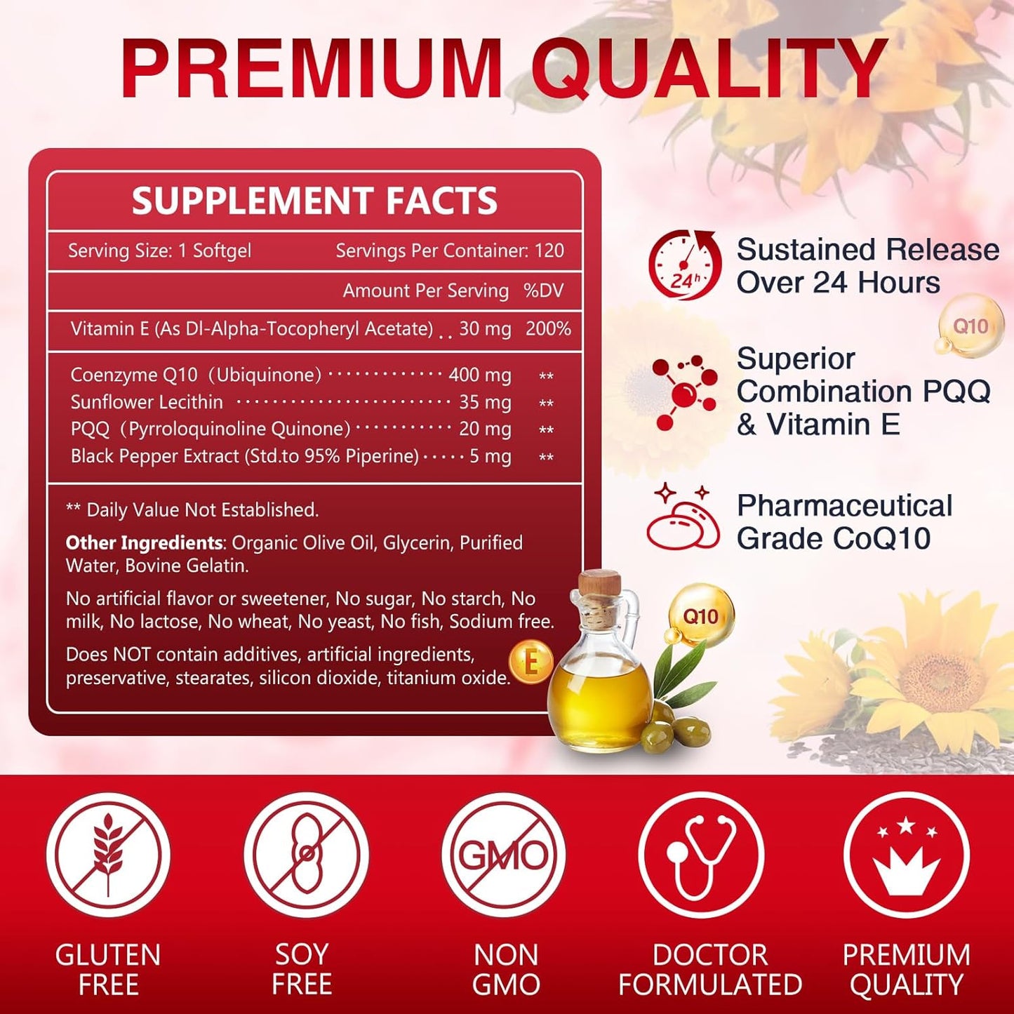 400mg CoQ10 & PQQ Supplement with Vitamin E & Olive Oil - High Absorption Antioxidant for Heart Health - 120 Servings