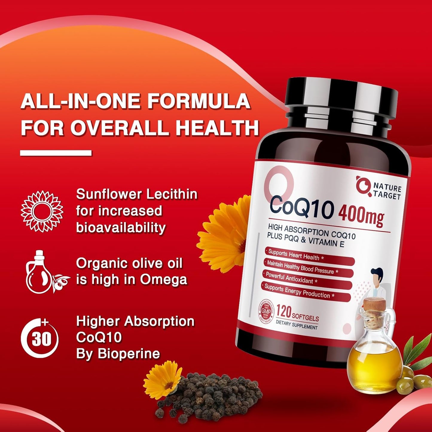 400mg CoQ10 & PQQ Supplement with Vitamin E & Olive Oil - High Absorption Antioxidant for Heart Health - 120 Servings