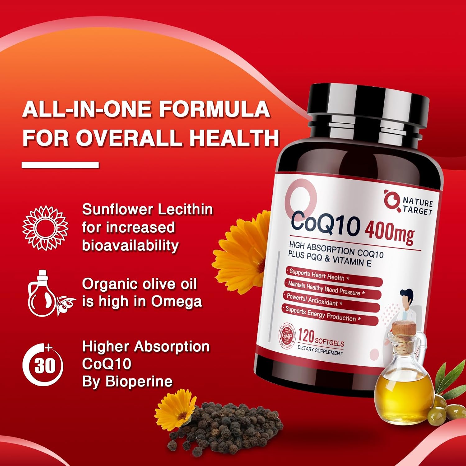 400mg CoQ10 & PQQ Supplement with Vitamin E & Olive Oil - High Absorption Antioxidant for Heart Health - 120 Servings