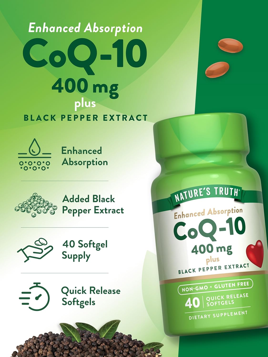 400mg CoQ10 Softgels | Maximum Strength for High Absorption | Non-GMO & Gluten Free