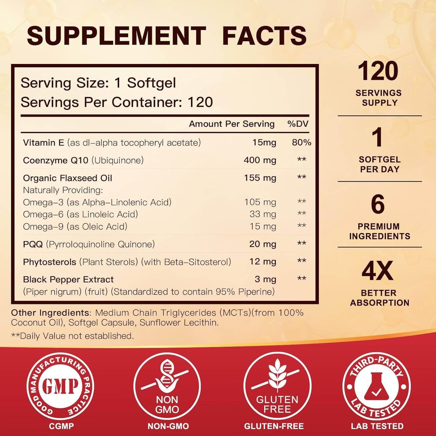400mg CoQ10 SoftGels with PQQ, Omega 3, and Vitamin E for Heart Health - 120 Servings