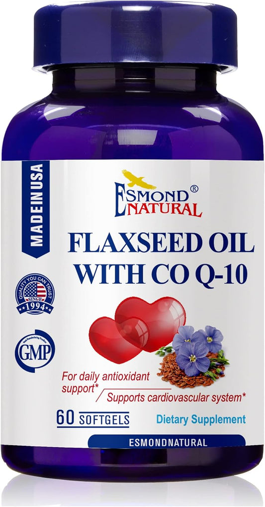 400mg Flaxseed Oil with CO Q-10 Softgels for Cardiovascular Health - Made in USA, GMP Certified
