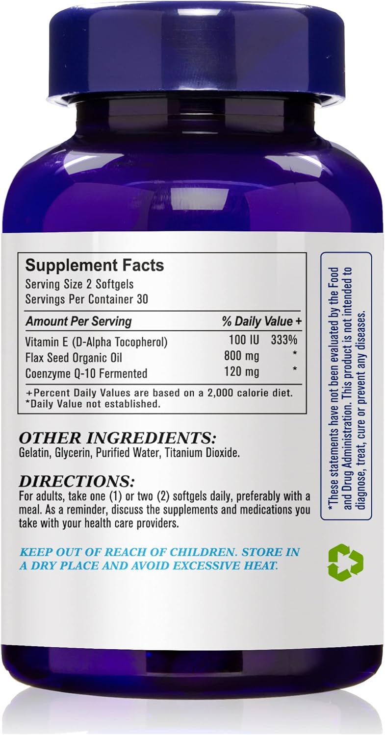 400mg Flaxseed Oil with CO Q-10 Softgels for Cardiovascular Health - Made in USA, GMP Certified