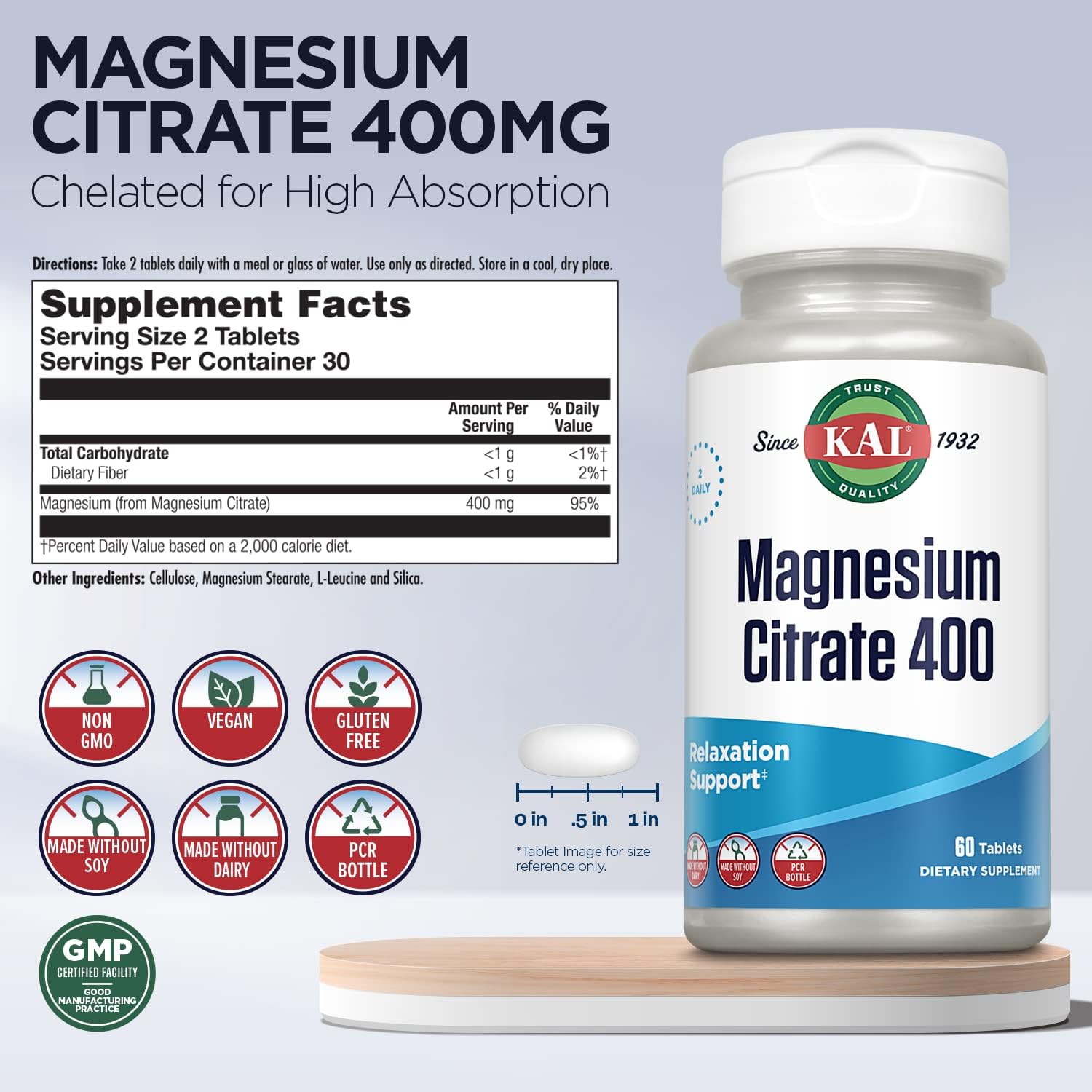 400mg Magnesium Citrate Supplement for Healthy Muscles, Nerves, and Circulation - 60 Tablets, Vegan & Gluten Free