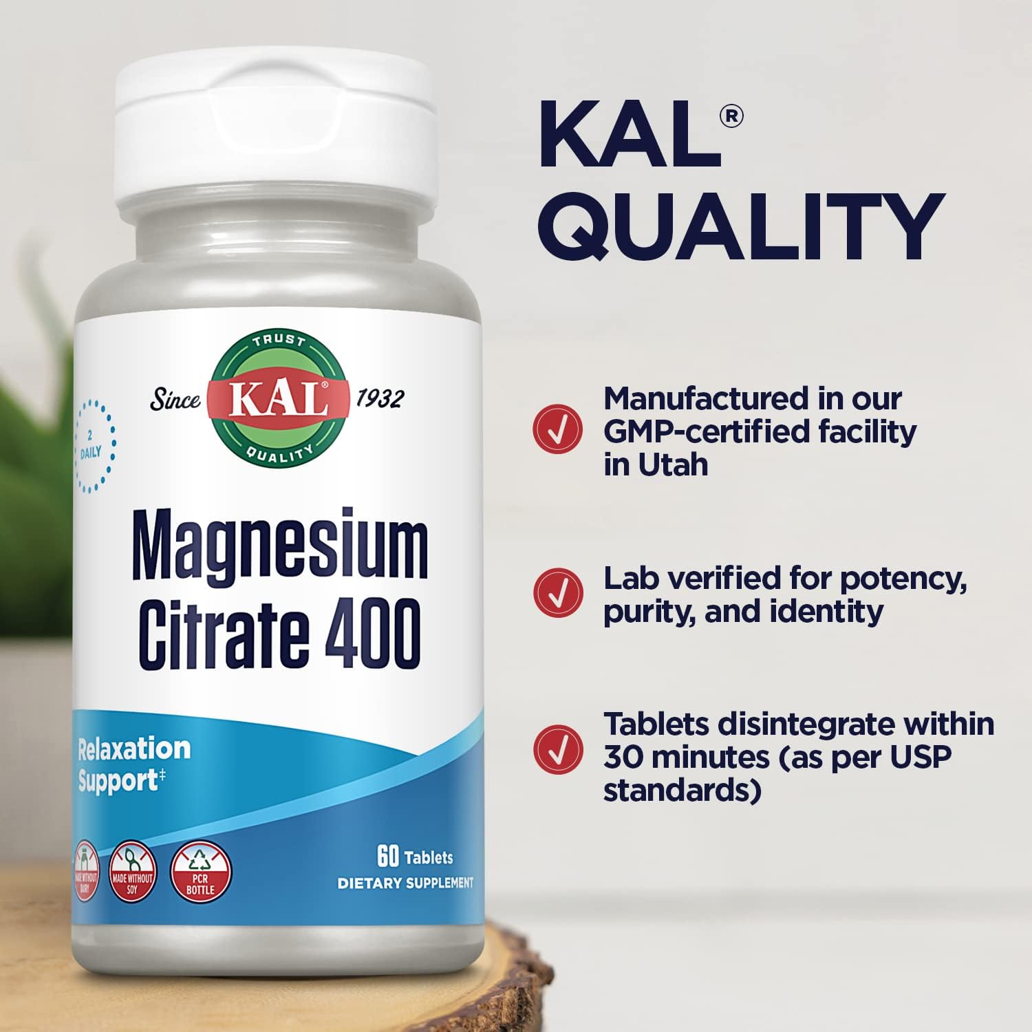 400mg Magnesium Citrate Supplement for Healthy Muscles, Nerves, and Circulation - 60 Tablets, Vegan & Gluten Free