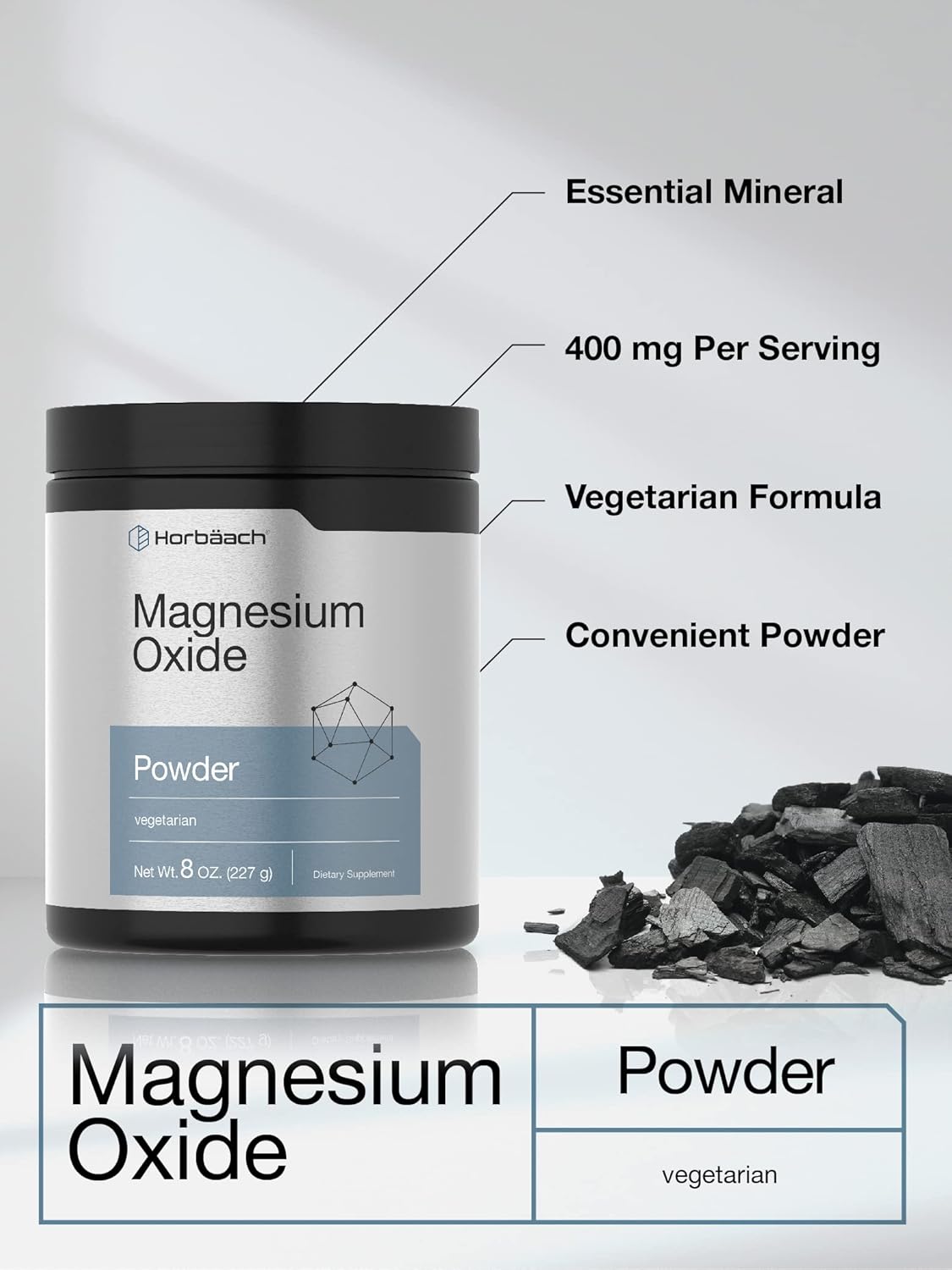 400mg Magnesium Oxide Powder Supplement - 8 Ounces (227 g) - Vegetarian, Non-GMO, Gluten Free Formula by Horbäach