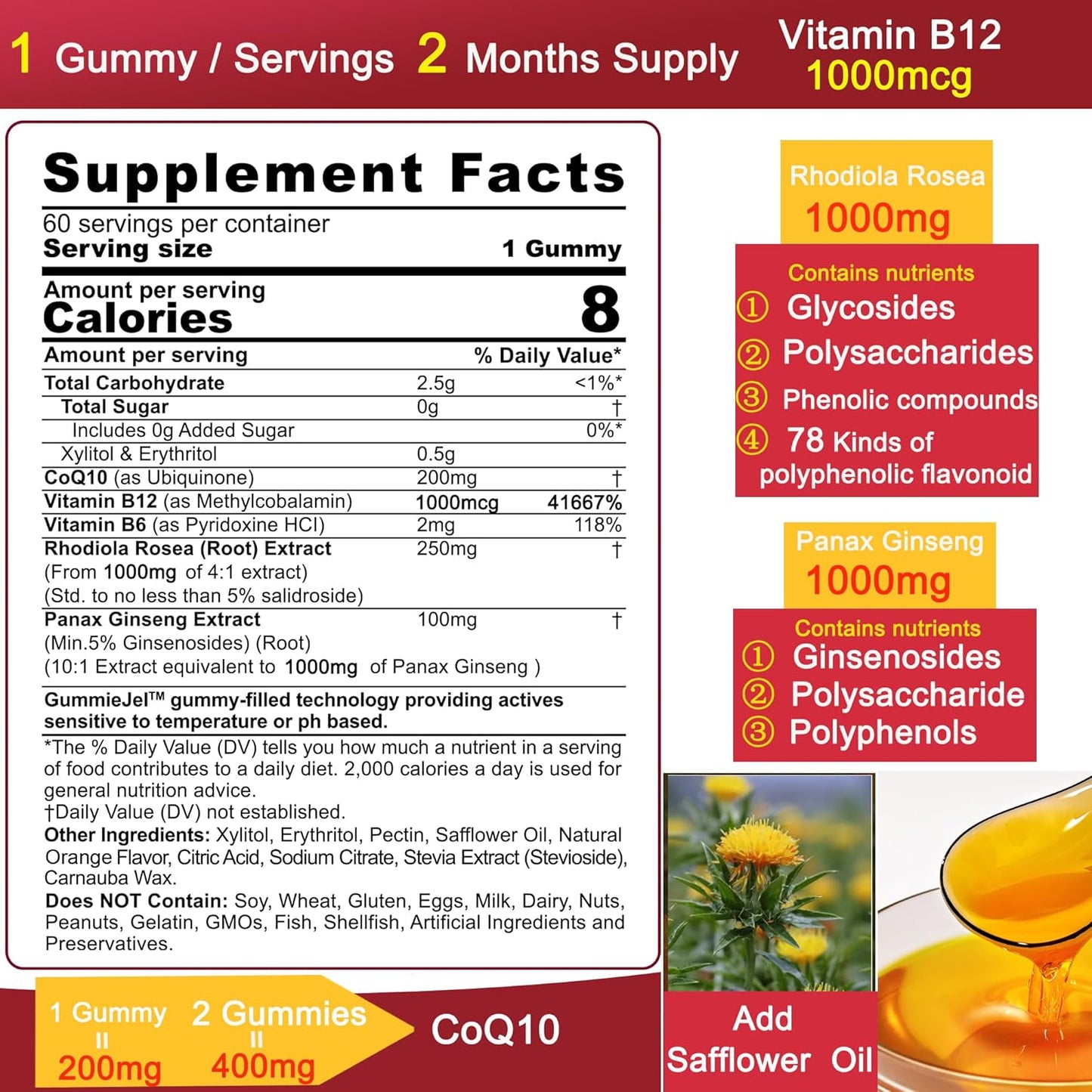 400mg Sugar-Free CoQ10 Gummies with Rhodiola, Ginseng, B12, B6 - Heart Health, Antioxidant, Energy - 4 Months Supply