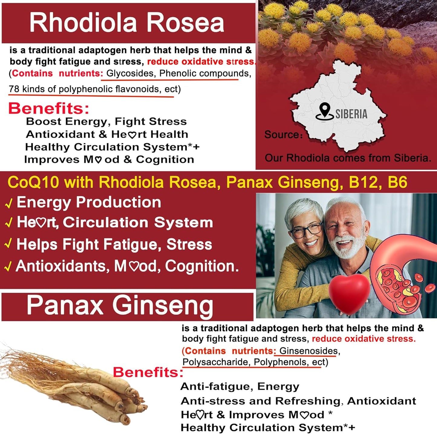 400mg Sugar-Free CoQ10 Gummies with Rhodiola, Ginseng, B12, B6 - Heart Health, Antioxidant, Energy - 4 Months Supply