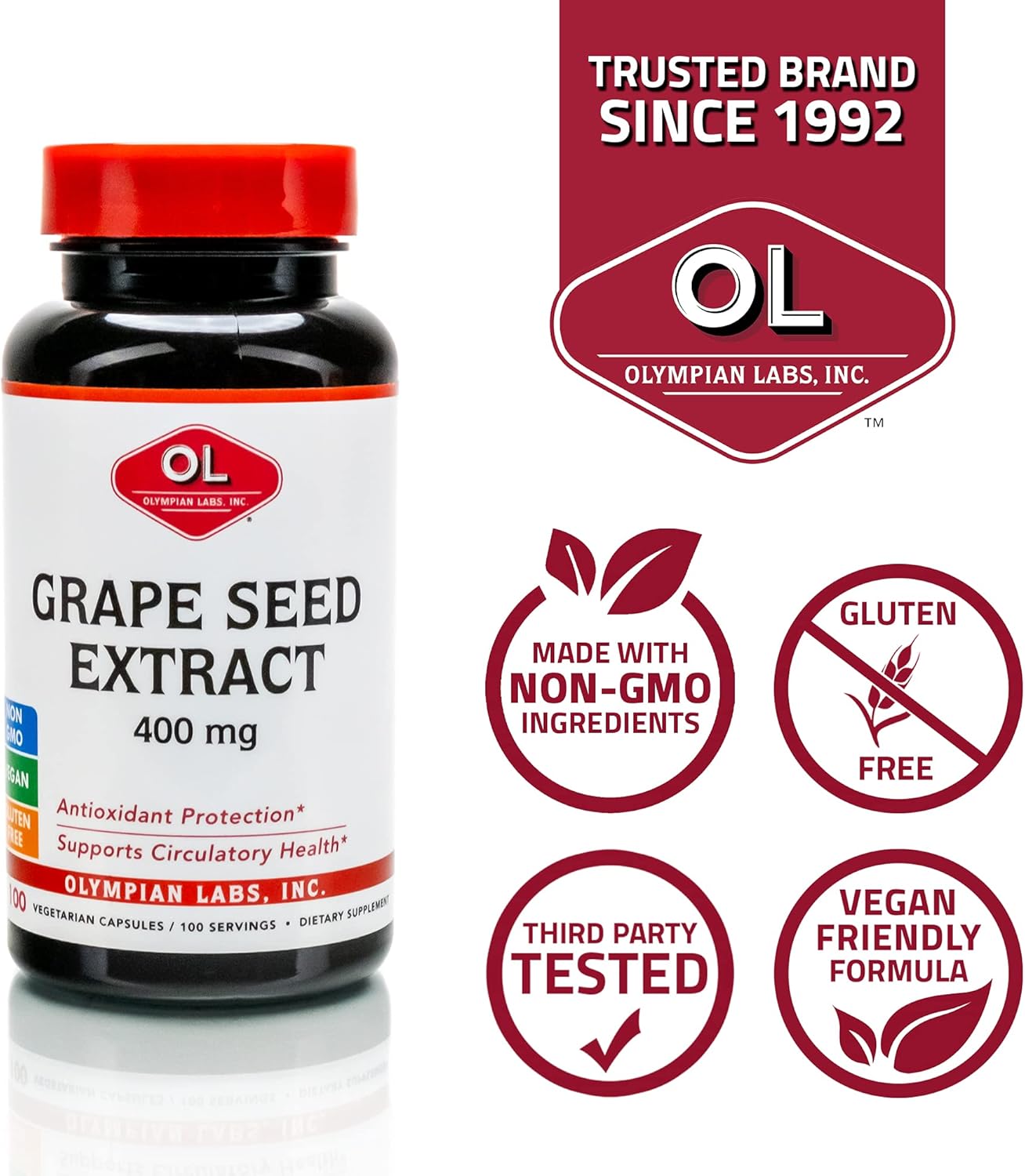 400mg Vegan Grape Seed Extract Capsules | Heart & Immune Support, Antioxidant - 100 Count by Olympian Labs