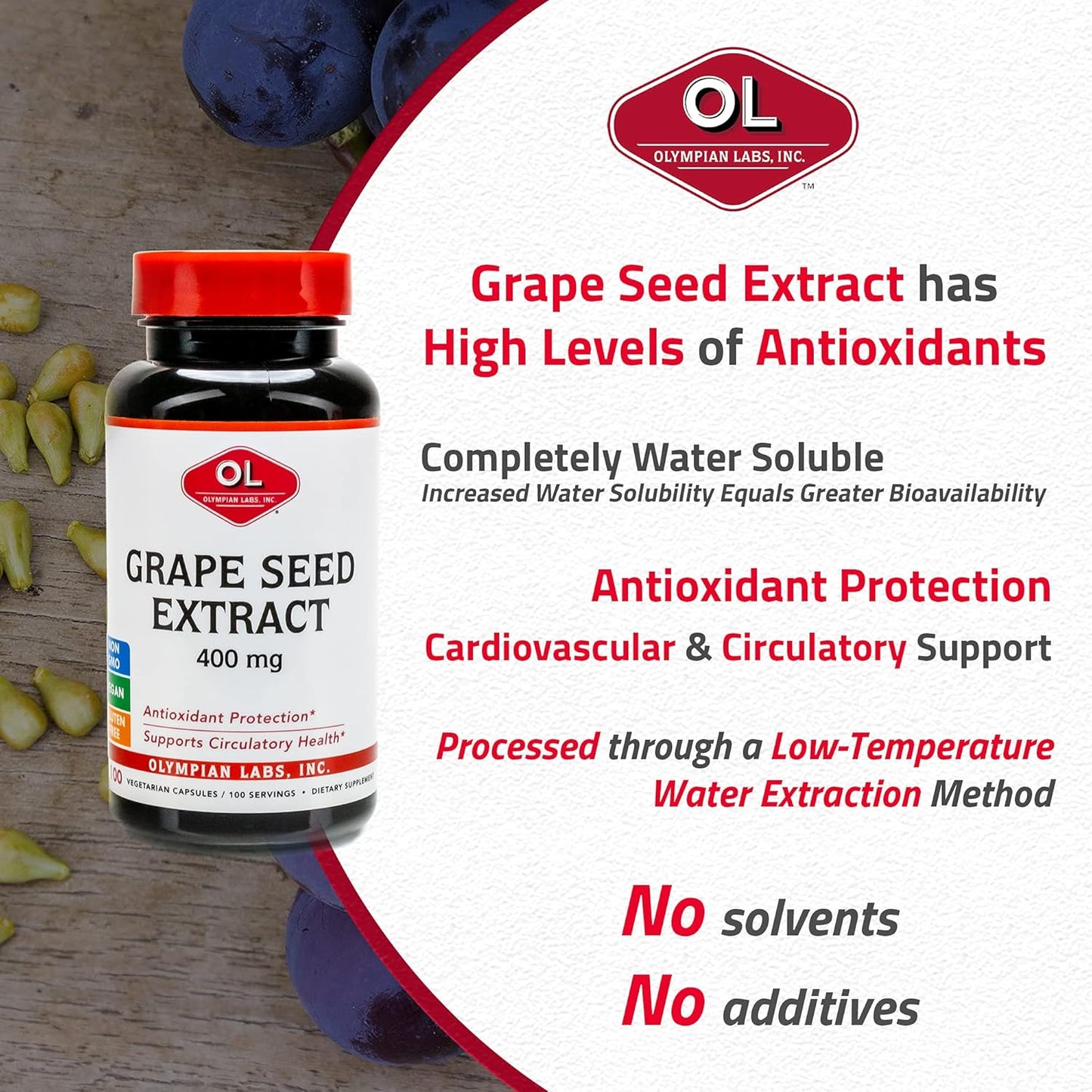 400mg Vegan Grape Seed Extract Capsules | Heart & Immune Support, Antioxidant - 100 Count by Olympian Labs