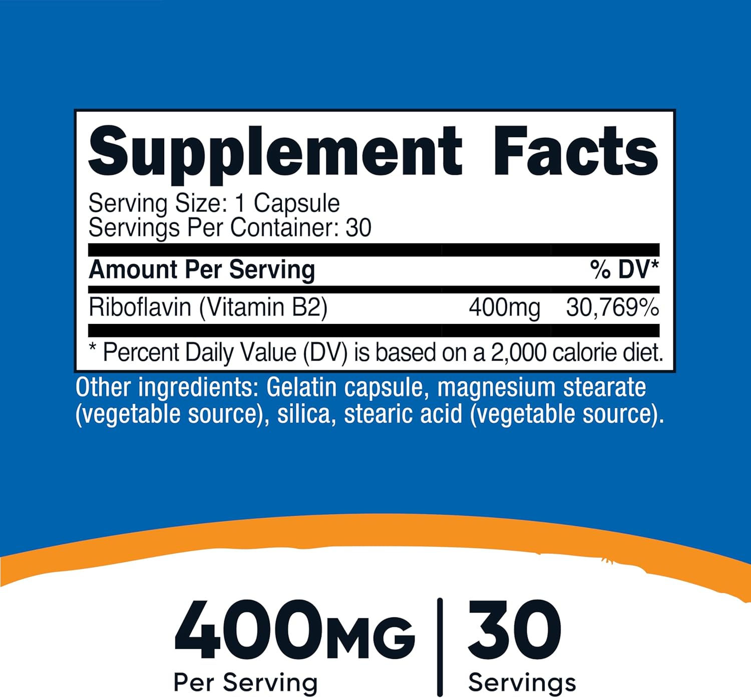 400mg Vitamin B2 (Riboflavin) Capsules - Gluten Free, Non-GMO by Nutricost