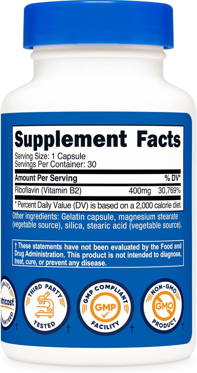 400mg Vitamin B2 (Riboflavin) Capsules - Gluten Free, Non-GMO by Nutricost