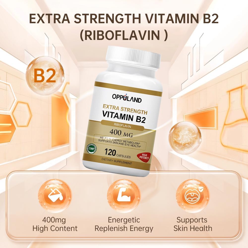 400mg Vitamin B2 (Riboflavin) for Energy Metabolism - 120 Veggie Capsules by oppuland