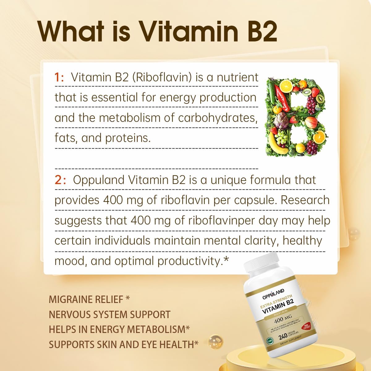 400mg Vitamin B2 Riboflavin for Energy Metabolism Support - 240 Veggie Capsules by Oppuland