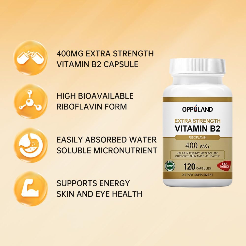 400mg Vitamin B2 (Riboflavin) for Energy Metabolism - 120 Veggie Capsules by oppuland