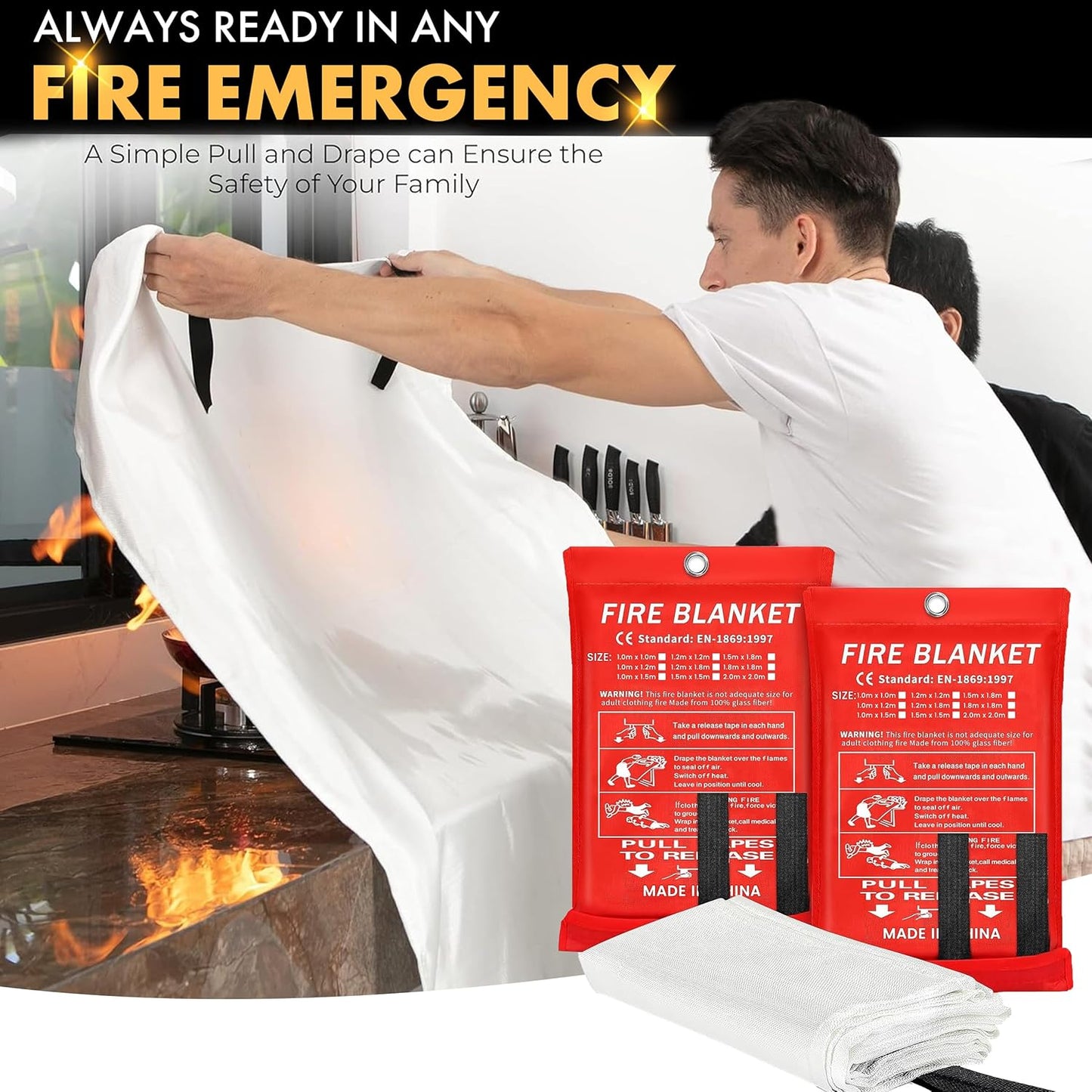 40"x40" Fire Blanket for Home and Kitchen - Pack of 2, High Heat Resistant Emergency Fire Extinguisher Blanket for Home Safety, Kitchen, and Camping