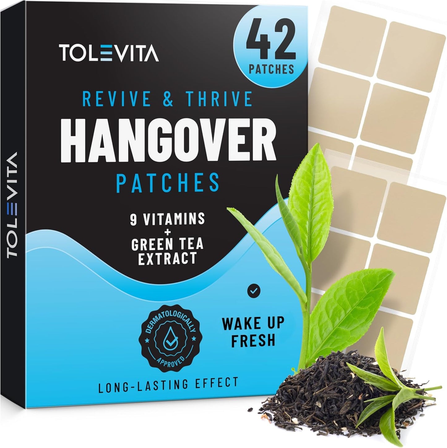 42 Tolevita After-Party Hangover Patches with Vitamin-Infused Recovery Support for Pre-Drinking - Natural Energy Boost & Hydration