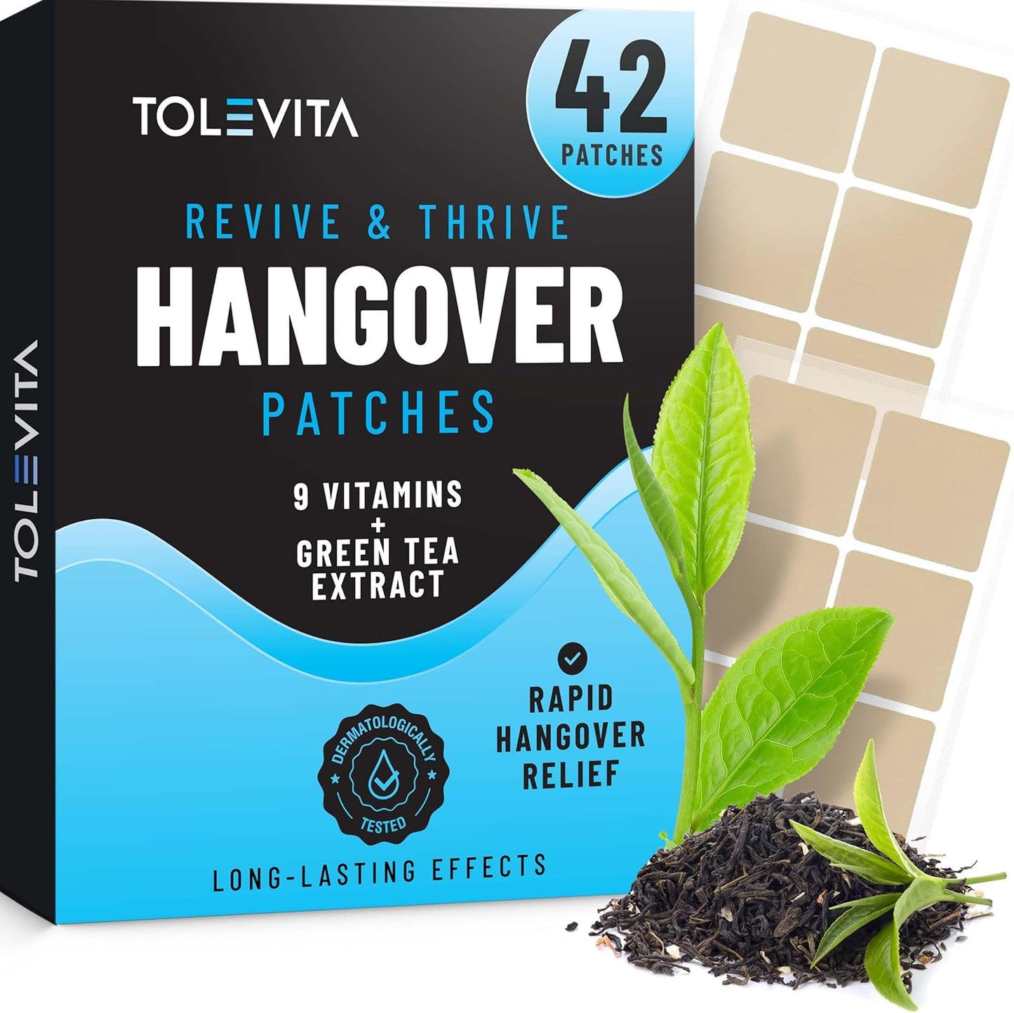 42 Tolevita After-Party Hangover Patches with Vitamin-Infused Recovery Support for Pre-Drinking - Natural Energy Boost & Hydration